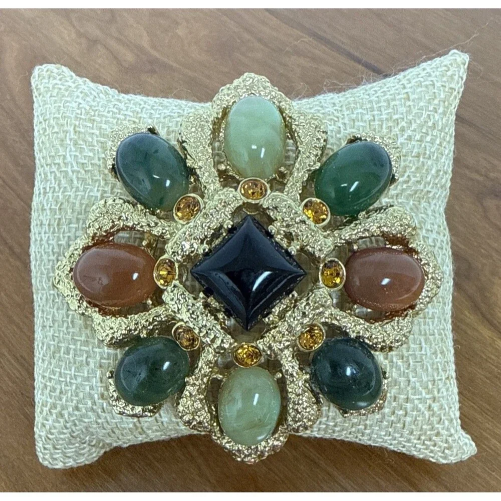 Joan Rivers Gold Tone Multicolor Cabochon Statement Brooch Mogul Maltese Cross